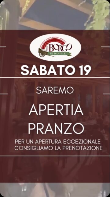 ✨🍽️ APERTURA ECCEZIONALE A PRANZO! 🍽️✨
Sabato 19 settembre
Il Borgo di Daniele sarà aperto anche a PRANZO! 🥂🍝🍷
Un’occasione speciale per godersi il Borgo anche di giorno, tra buon cibo, atmosfera e relax ❤️✨🌿
📲 Prenotazione consigliata per assicurarvi il vostro tavolo! 🍴📞
Vi aspettiamo! 🥰🍷🍽️✨🥂💫
#IlBorgoDiDaniele #Pranzo #AperturaStraordinaria #RomaFood #WeekendARoma