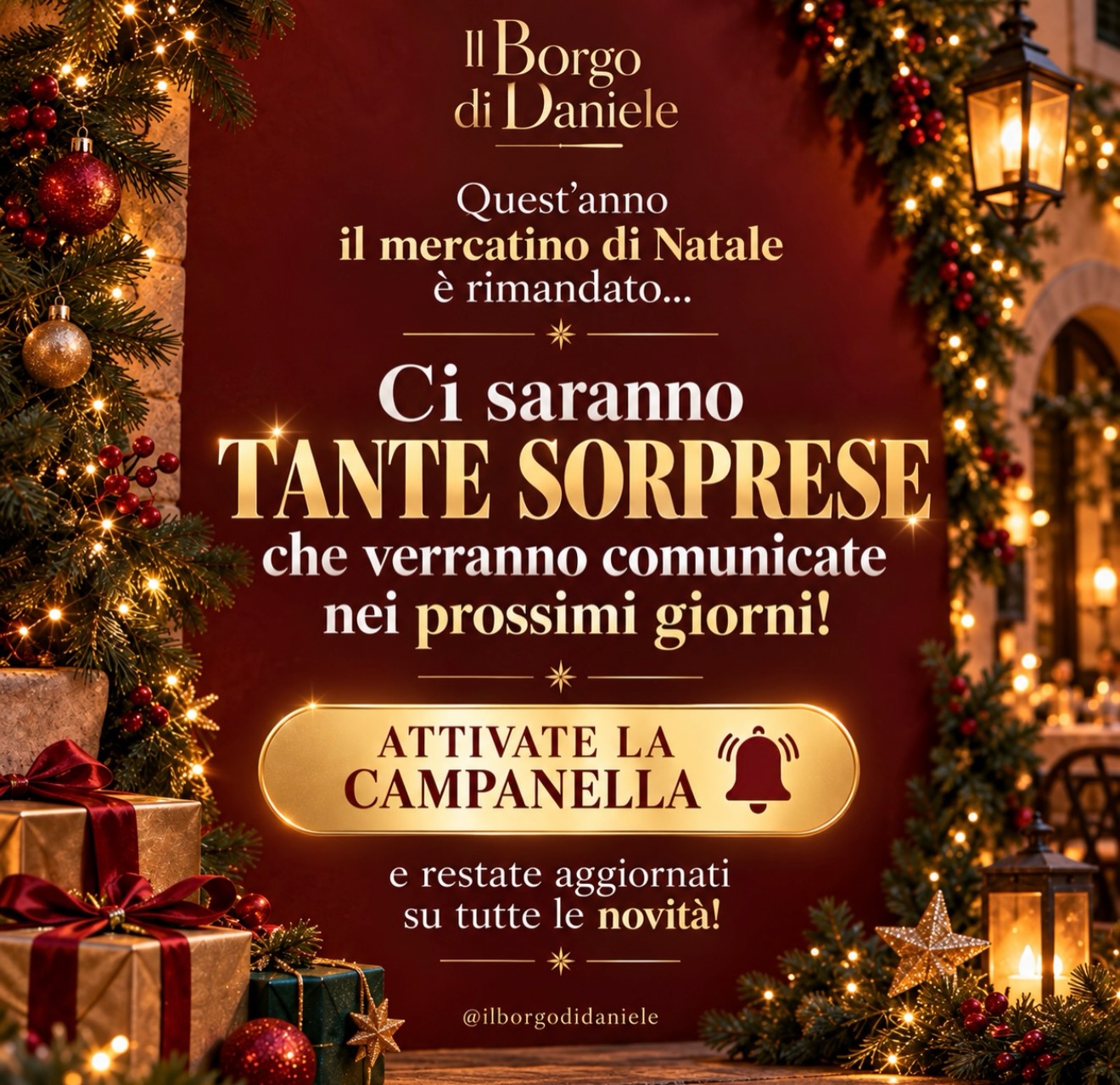 🎄✨ IL NATALE AL BORGO DI DANIELE SARÀ PIENO DI SORPRESE! 🎁❤️
Quest’anno abbiamo deciso di rimandare il nostro Mercatino di Natale… ma abbiamo in serbo per voi qualcosa di davvero speciale! 🎅🏻✨
🎁 TANTISSIME SORPRESE VI ASPETTANO!
Nei prossimi giorni vi sveleremo tutte le novità che renderanno ancora più magico il periodo delle feste! 🌟
🔔 Attivate la campanella e continuate a seguirci per non perdervi nessuna sorpresa!
Il Natale al Borgo di Daniele sarà tutto da scoprire! ❤️🎄
#IlBorgoDiDaniele #Natale2026 #MagiaDelNatale #SorpreseDiNatale #AtmosferaNatalizia